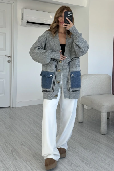 Gri Cebi Jean Detaylı Tasarım Premium Kalite Hırka