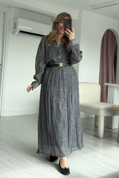 Gri Cepli Astarlı Etek Baskılı Gömlek Takım