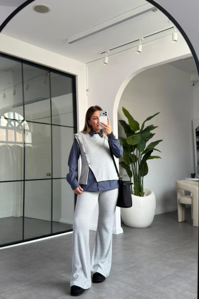 GRİ GOLD DÜĞME DETAYLI ÜÇLÜ TAKIM