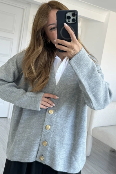 Gri Düğmeli Gömlek Yaka Basic Hırka