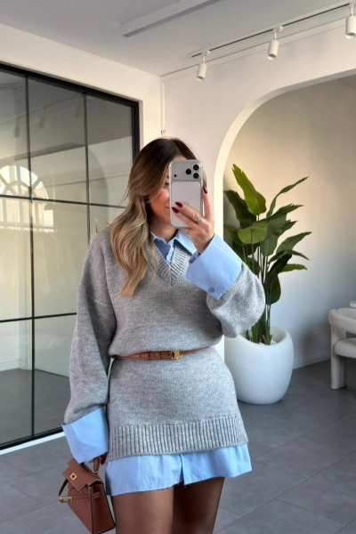 GRİ GÖMLEK DETAY TRİKO ELBİSE