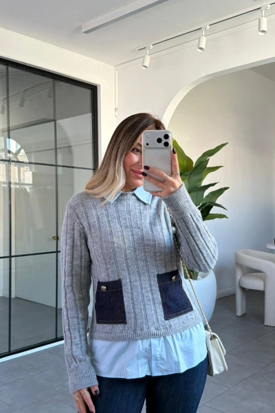 GRİ GÖMLEK YAKA TRİKO KAZAK