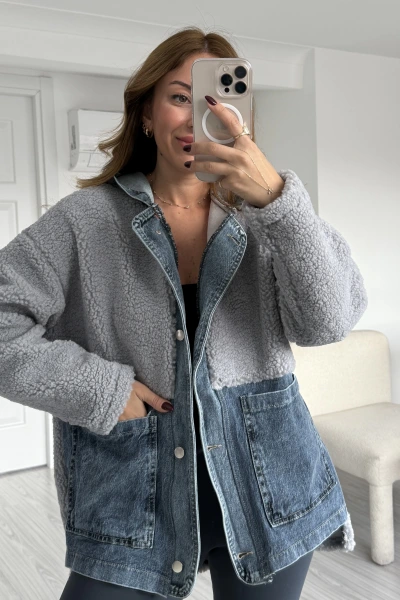 Gri Jean Detay Kapüşonlu Oversize Peluş Ceket