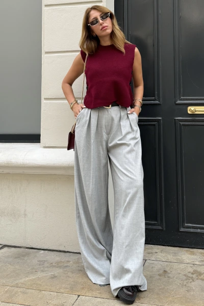 GRİ KEMERLİ PİLİLİ PALAZZO PANTOLON