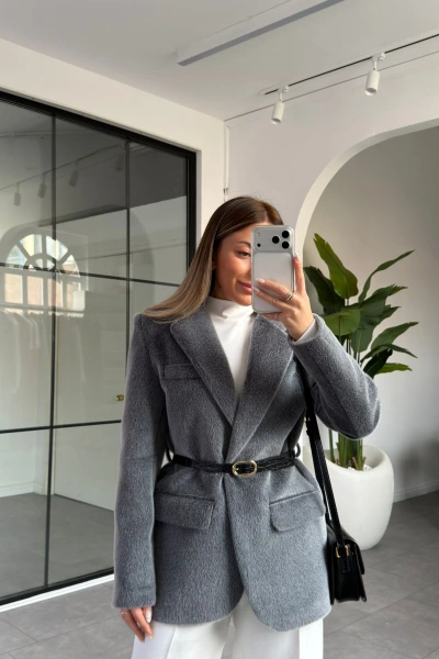 Gri Kemerli Premium Kalite Peluş Ceket