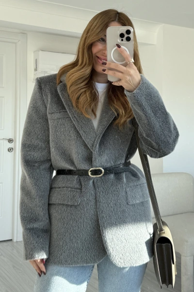 Gri Kemerli Premium Kalite Peluş Ceket