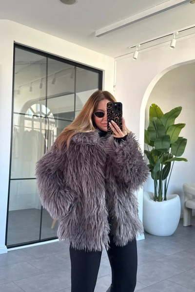 GRİ CEP DETAYLI KÜRK