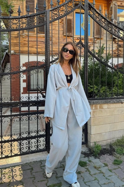 Gri Kuşaklı Kimono Takım