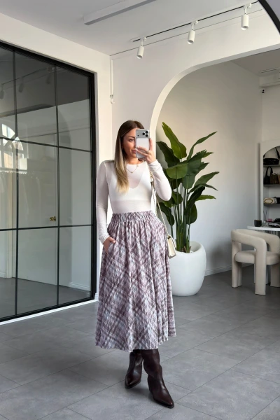 Gri Renk Geçişli Beli Lastikli Etek