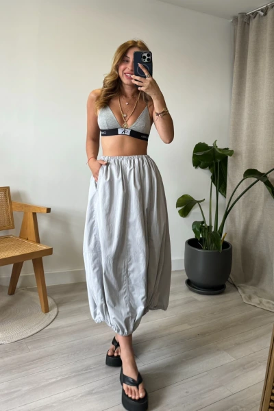Gri Tensel Yumuşacık Dokulu Etek Ucu Lastikli Etek