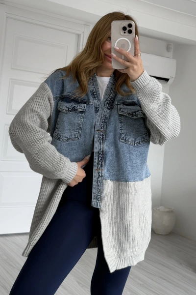 Gri Triko Detay Çift Cepli Oversize Jean Ceket