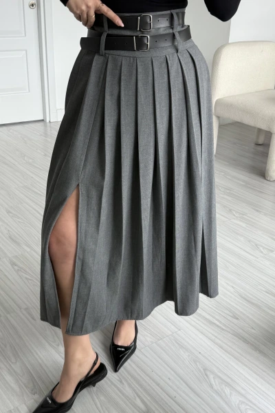 Gri Yırtmaçlı Çift Kemerli Premium Etek