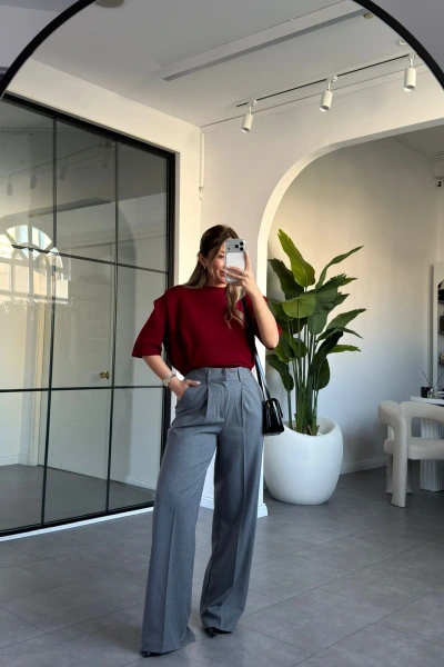 GRİ YÜKSEK BEL PALAZZO PANTOLON