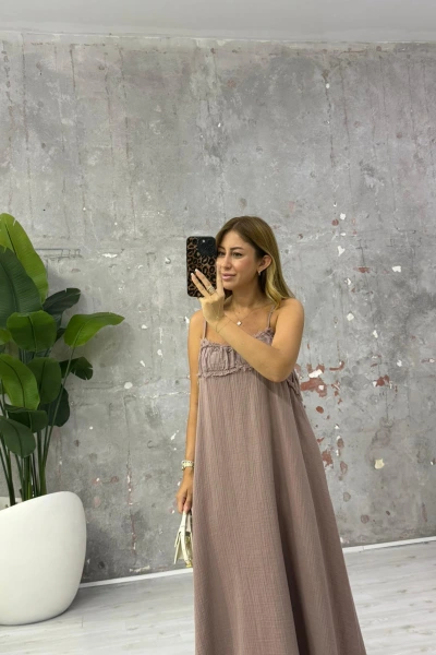 GÜL KURUSU ASKILI MÜSLİN ELBİSE