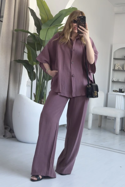 Gün Kurusu Kısa Kol Beli Lastikli Tensel Pantolon Takım