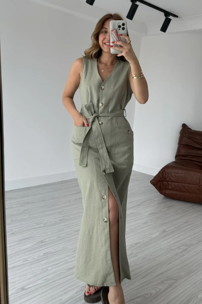Haki %100 Keten Düğmeli Elbise