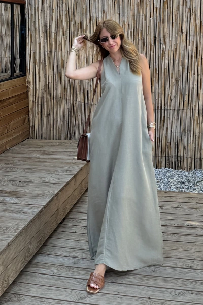 Haki A kesim Yaka Detay Keten Elbise