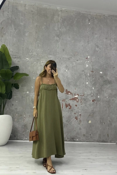 HAKİ ASKILI MÜSLİN ELBİSE