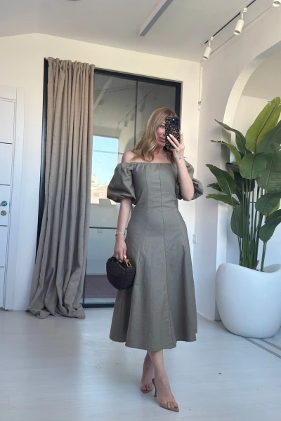 HAKİ BALON KOL ELBİSE