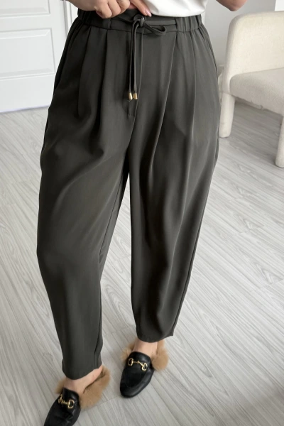 Haki Beli Lastikli Pilili Pantolon
