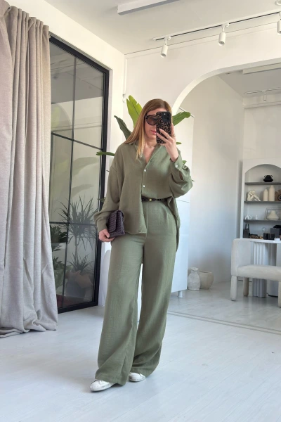 Haki Boncuk Kemer Keten Takım