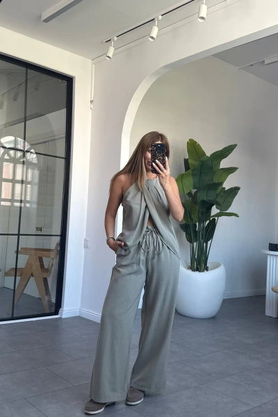 HAKİ BOYUN DETAYLI KETEN TAKIM