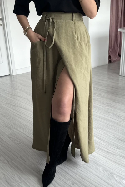 Haki Çift Cep Kapamalı Etek