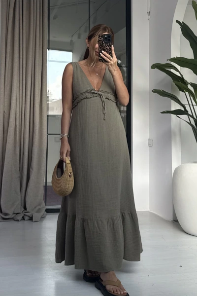 HAKİ DEKOLTE DETAY MÜSLİN ELBİSE