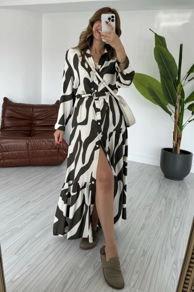 Haki Desenli Orjinal Marka Kemerli Gömlek Elbise