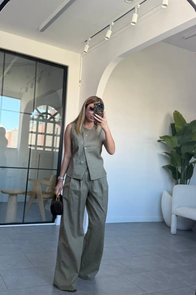 HAKİ DÜĞMELİ YELEKLİ KETEN PANTOLON TAKIM