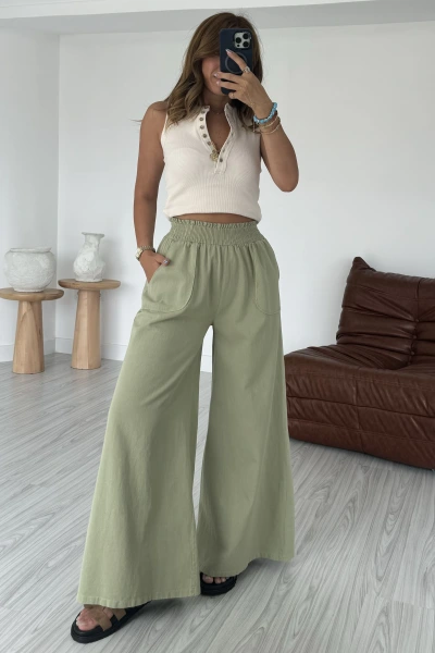 Haki Gabardin Beli Lastikli Pantolon