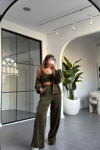 HAKİ KADİFE ÜÇLÜ TAKIM