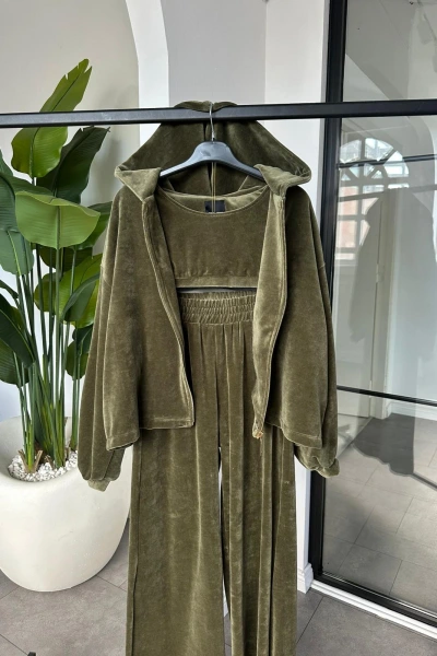 HAKİ KADİFE ÜÇLÜ TAKIM