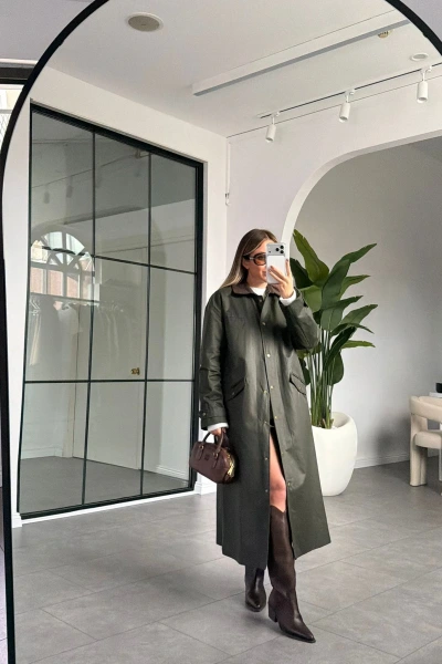 HAKİ KADİFE YAKALI MUMLU UZUN TRENÇKOT