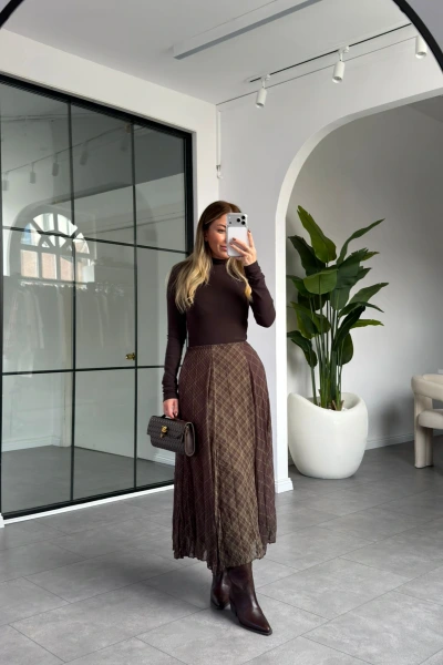 HAKİ KAHVE ŞİFON EKOSE DESENLİ ASİMETRİK ETEK