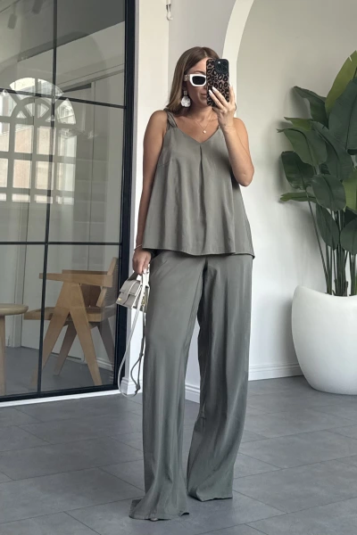 HAKİ KALIN ASKILI TENSEL PANTOLON TAKIM