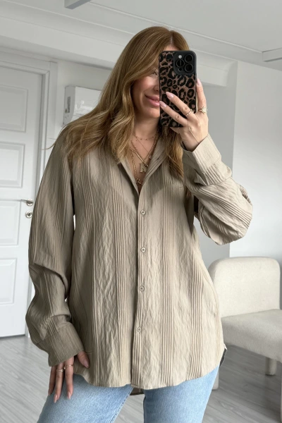 Haki Kendinden Desenli Oversize Gömlek