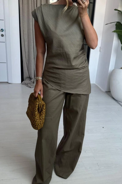 HAKİ KETEN ASİMETRİK BLUZ TAKIM