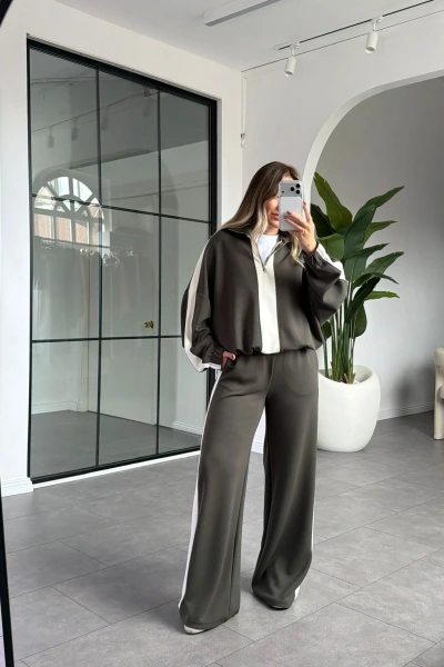 HAKİ KREM ŞERİT DETAYLI MODAL TAKIM