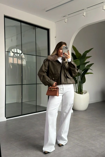 HAKİ KÜRK YAKA BOMBER CEKET