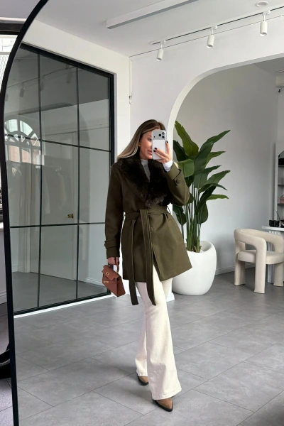 HAKİ KÜRK YAKA PREMİUM KISA KAŞE KABAN