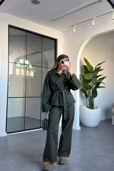 HAKİ KUŞAKLI DENİM CEKET PANTOLON TAKIM