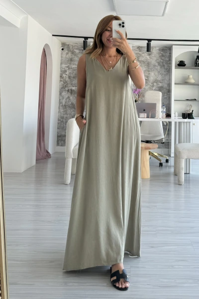 Haki Lastik Askılı Elbise