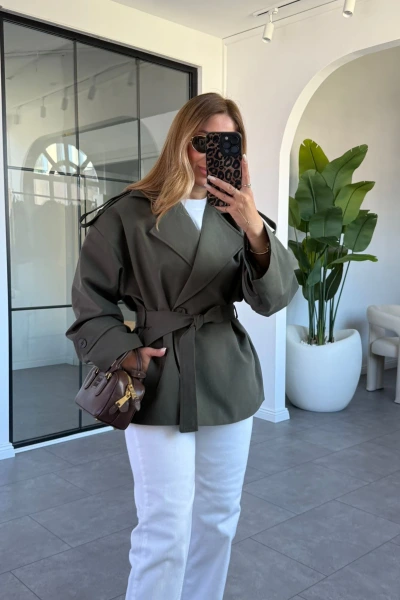 HAKİ OMUZ VATKALI KISA TRENÇKOT