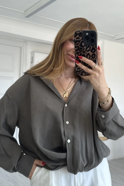 Haki Önü Düğüm Detay Düşük Omuz Gömlek