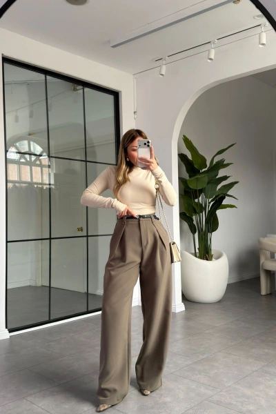 HAKİ PİLELİ İÇTEN PERVAZLI PANTOLON