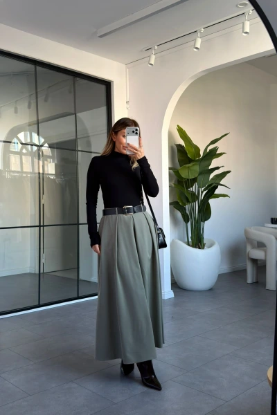 HAKİ PİLİSELİ KEMERLİ ETEK