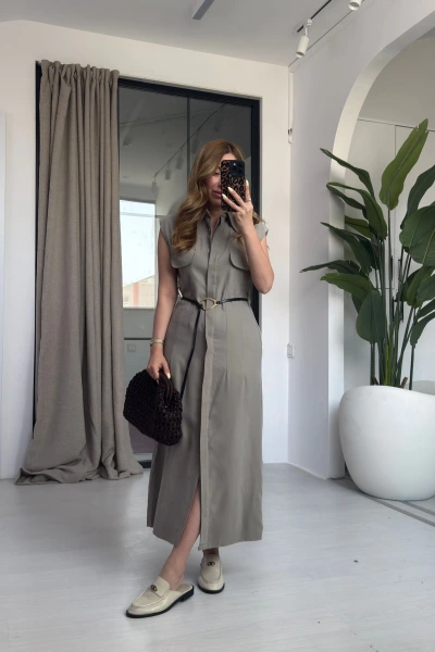 HAKİ SIFIR KOL KEMERLİ ELBİSE