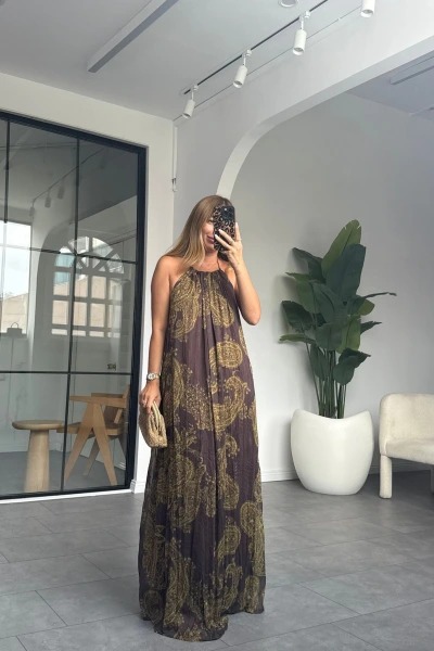 HAKİ ŞİFON SIRT DEKOLTELİ ELBİSE