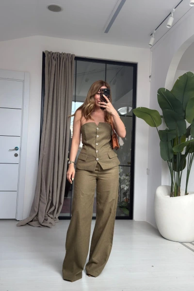 HAKİ STRAPLEZ YELEKLİ TAKIM